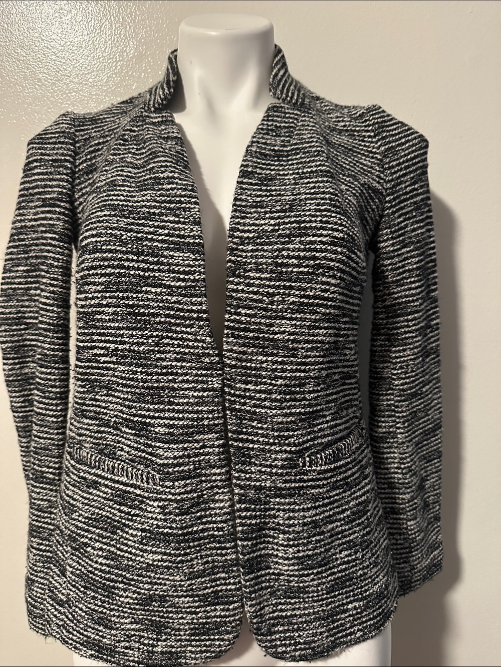 Talbots Black and White Marled Open-Front Knit Blazer